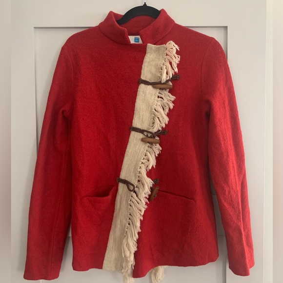 NWT Anthro Boho Red Sweater Coat with Blanket Fringe Detail - Sz M - Picture 1 of 4